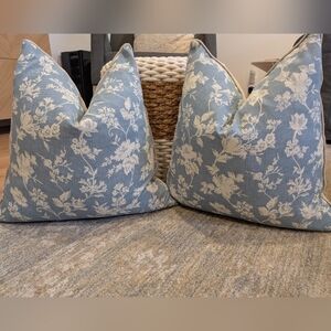Two Down Filled Light Blue Floral Throw Pillows 18 x 18